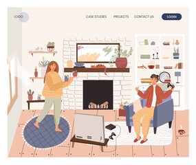 Woman take care house plant while man plays console game. Happy couple stay at home, leisure time. Concept illustration. Vector web site design template. Landing page website illustration