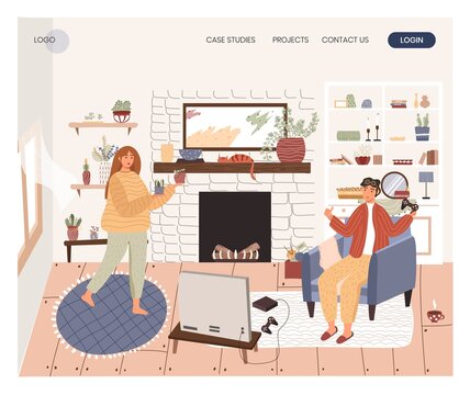 Woman take care house plant while man plays console game. Happy couple stay at home, leisure time. Concept illustration. Vector web site design template. Landing page website illustration