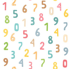 Hand drawn colored numbers on white background. Isolated characters. Abstract vector illustration. School kids print. Seamless pattern. 