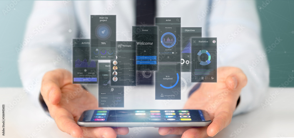 Poster businessman holding user interface screens with icon, stats and data 3d rendering