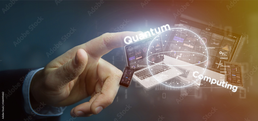 Poster businessman holding quantum computing concept with qubit and devices 3d rendering