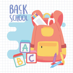back to school, backpack glue pencils blocks alphabet education cartoon