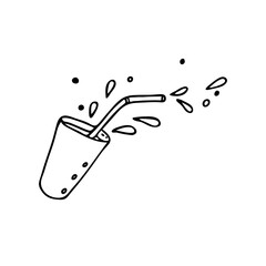 Black hand-drawn vector illustration of One glass of fresh cold fruit juice with a straw and drops of liquid isolated on a white background