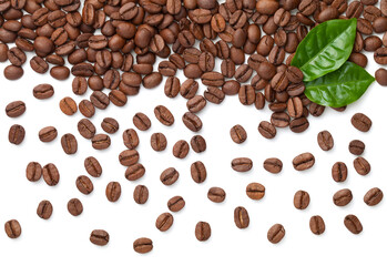 Coffee Beans With Fresh Green Leaves Isolated