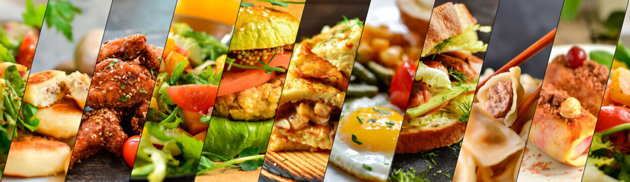 Collage of varied cooked food. Assortment and menu for the cafe.