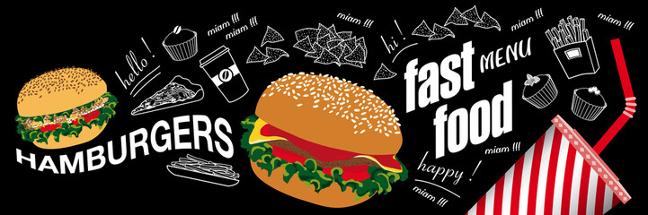Affiche ou bannière pour fastfood avec des aliments en couleur et au trait blanc sur un fond de tableau noir. © ID-EasyDoor