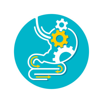 recommend clip art: Digestive system (or laxative) icon - human stomach associated with gear box mechanicm - for gastro medical drugs packaging  - isolated vector emblem 