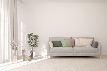 White living room with sofa. Scandinavian interior design. 3D illustration