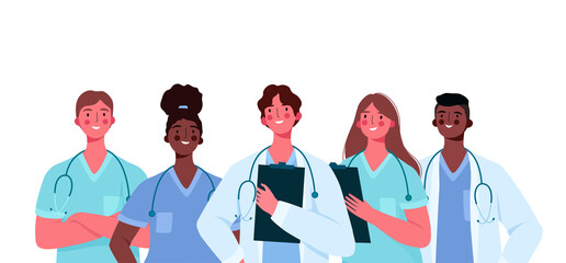 Set of doctors characters. Medical team concept in vector illustration design. Medical staff doctor nurse therapist surgeon professional hospital workers, group of medics.