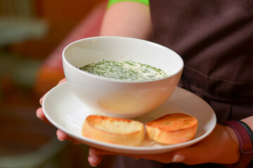 Waiter holds a plate of summer yoghurt cold soup with radish, cucumber, and dill served in a bowl. Okroshka with bread.