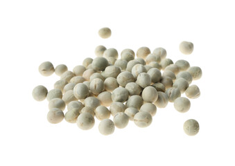 Pile of raw dry peas on white background. Vegetable seeds