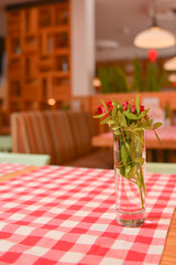 Rose placed in a glass on the desk with red plaid tablecloth. Blurred background.