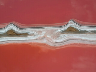 Aerial view of a pink salt lake. Azov Ukraine