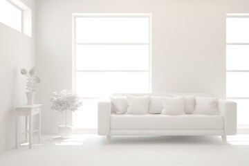White minimalist living room with sofa. Scandinavian interior design. 3D illustration