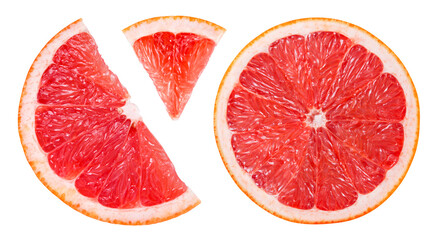 Grapefruit slice isolated. Pink grapefruit slice on white. Grapefruit pink. Flat lay. Top view. With clipping path.