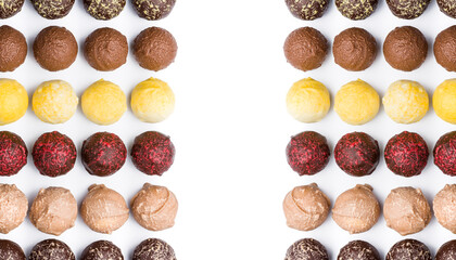 assorted chocolates confectionery with copy space, on white background