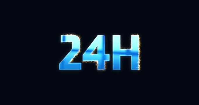 24h. Electric lightning text. Burning Logo reveal animation on black background. High quality 4k footage
