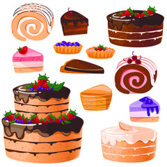 Set of colorful pies and cakes and other sweet desserts. Isolated vector illustrations.