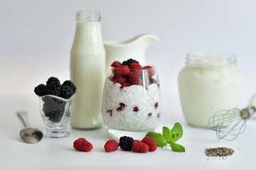 Healthy food and breakfast. glass of delicious homemade smoothie, dessert made from chia and berries. delicious milkshake, vegan raw food. Summer card. Good morning.Selective focus.