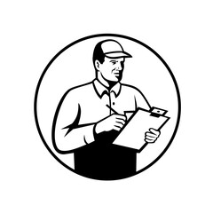 Inspector or Technician with Clipboard Checklist Inspecting Retro Black and White