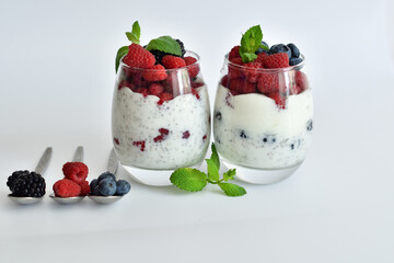 two glasses of delicious homemade smoothie, dessert made from chia and berries. delicious milkshake, vegan raw food. Healthy food and breakfast. Good morning.Selective focus