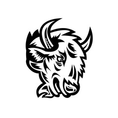 Head of an Angry North American Bison or American Buffalo Mascot Black and White © Redwater Vectors
