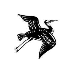 White-Faced Heron Egretta Novaehollandiae or White-Fronted Heron Flying Retro Woodcut Black and White