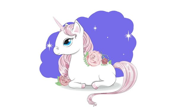 cartoon Magic white unicorn with pink mane and atail, on  shining stars background