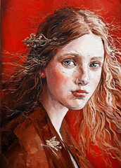 Angel of fire on a red background. Oil painting.