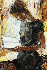 Young girl reading book. Oil painting.      