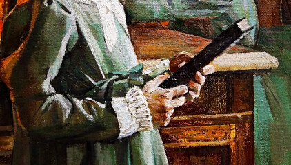A girl in a green dress with white lace sleeves holds a book in her hands.
Oil painting.
