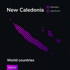 Vector striped map of new Caledonia in violet colors ot the black background