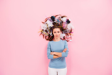 Top above high angle view photo confident eco activist girl cross hands warn people nature pollution danger hair plastic disposal trash flat lay isolated pastel color background
