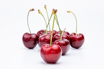 group of red and dark red cherries with green stems, one cherry in focus, stands out,  on white background, soft reflections