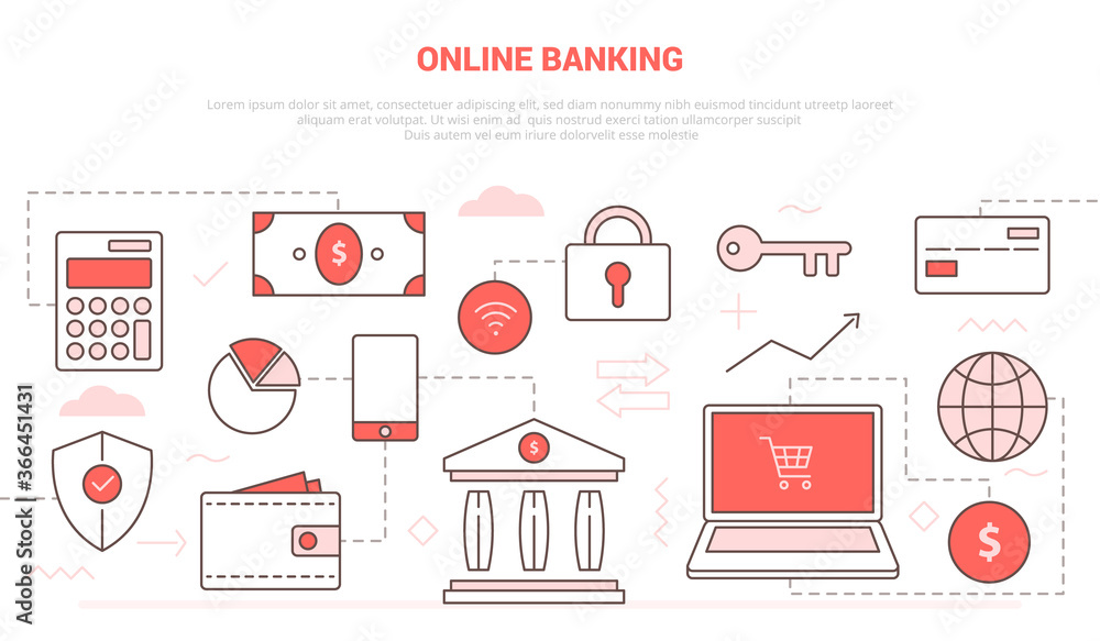 Poster online banking concept with laptop and online shopping security database for website homepage templa