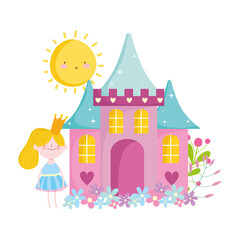 Obraz na płótnie Canvas little fairy princess with castle crown flowers rainbow tale cartoon