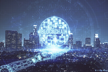 Multi exposure of cryptocurrency theme hologram drawing and city veiw background. Concept of...