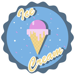 Ice cream emblem. Logo label icon poster. Pink ice cream on a blue background with text and absrtact elements.