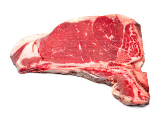 Raw fresh beef T-bone steak isolated on white background,close-up view of marble t-bone steak...
