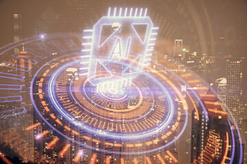 Data theme hologram drawing on city view with skyscrapers background double exposure. Ai concept.