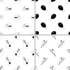 Set of fast food patterns. The set includes a pattern of chicken legs, Burger, wok, corn dog. Patterns of black icons in a linear style on a white background.