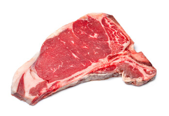 Raw fresh beef T-bone steak isolated on white background,close-up view of marble t-bone steak isolated on white background