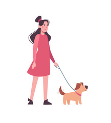 Girl in pink dress walking with funny dog. A child in casual clothes holding a puppy on a leash. An active walk in the fresh air. Cartoon character isolated on white background. Vector in flat style.