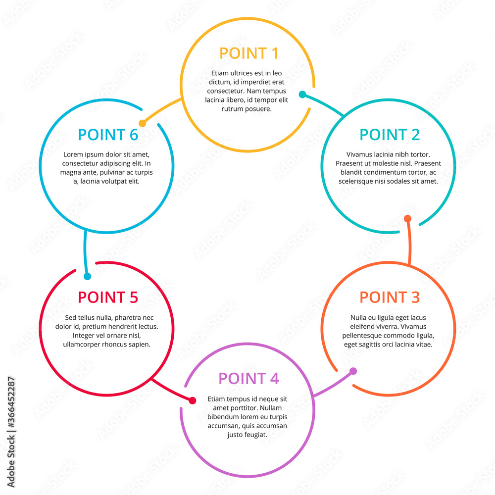 Poster infographics with 6 steps (points) in colorful rounded outline, sample text in circular form - vecto