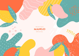 Vector frame with doodle mango and abstract elements. Hand drawn illustrations.