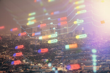 Obraz premium Data theme hologram drawing on city view with skyscrapers background double exposure. Ai concept.