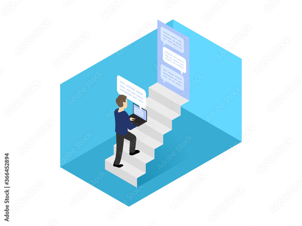 Poster Man with laptop on stairs writes a message and screen with dialog boxes - Vector Isometric concept