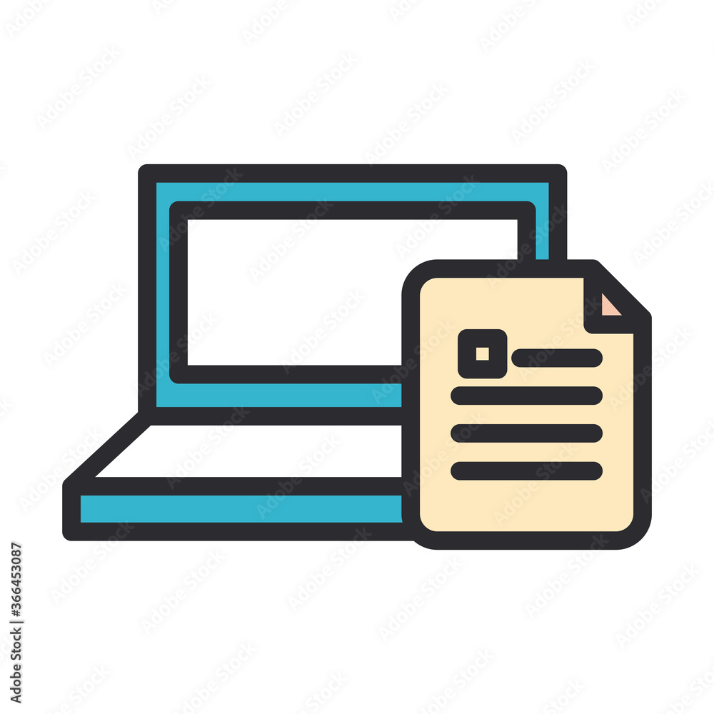 Poster laptop and document paper line and fill style icon vector design