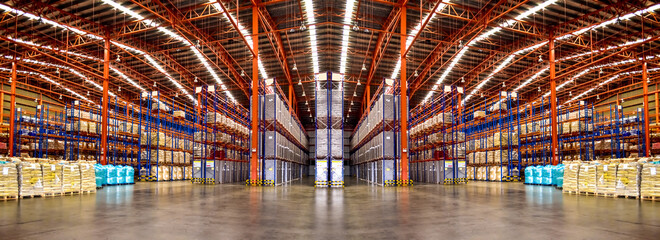 Warehouse industrial and logistics companies. Commercial warehouse. Huge distribution warehouse with high shelves. Bottom view. - obrazy, fototapety, plakaty