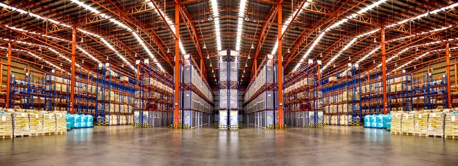 Fotobehang Warehouse industrial and logistics companies. Commercial warehouse. Huge distribution warehouse with high shelves. Bottom view. © Hor